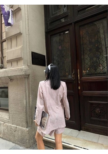 Çizgili Keten Ceket Yelek Şort Tk - Kahverengi
