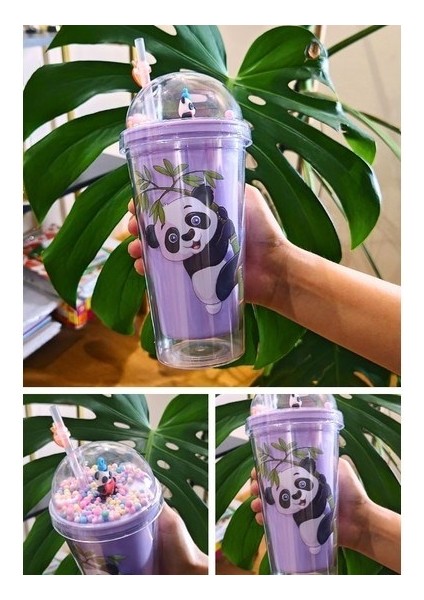 Pipetli Suluk Karakter Figürlü Sevimli Panda Temalı Çift Katman 450 ml Suluk Pipetli Matara Mor 2770