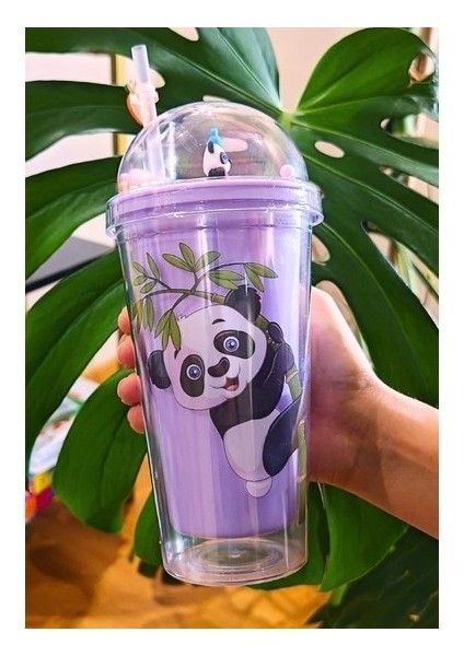 Pipetli Suluk Karakter Figürlü Sevimli Panda Temalı Çift Katman 450 ml Suluk Pipetli Matara Mor 2770