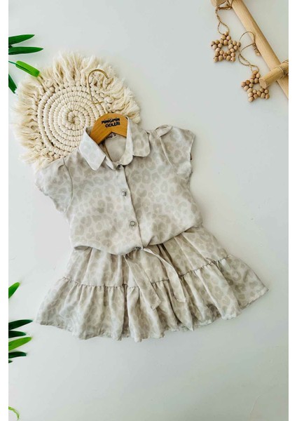 Leopar Desenli Belden Bağlama Model Kız Çocuk 2 li yazlık takım - Yeşil