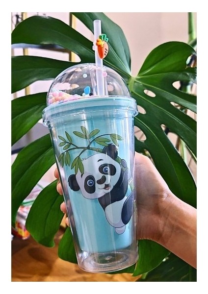 Karakter Figürlü Sevimli Panda Temalı Pipetli Çift Katman 450 ml Suluk Pipetli Mika Matara MAVI 2770
