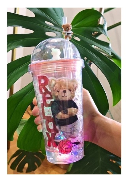 Karakter Figürlü Relax Ayıcık Suluk Pipetli LED Işıklı Buzlu Cam GÖRÜNÜMLÜ 450ML Çift Katman Mika Pembe 2768