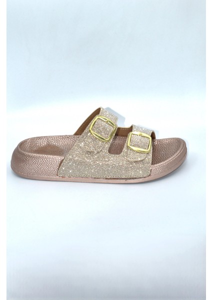 Pembe Simli Kadın Çift Toka Günlük Terlik