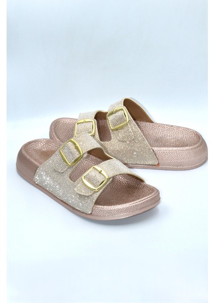 Pembe Simli Kadın Çift Toka Günlük Terlik modelleri