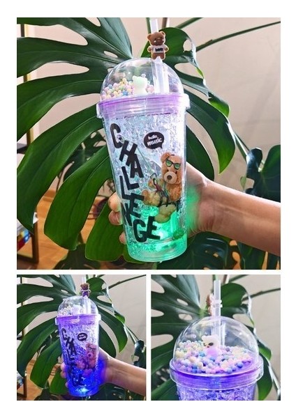 LED Işıklı Buzlu Cam Görünüm challange Ayıcık Karakter Suluk Pipetli 450ML Çift Katman Mika Mor 2768
