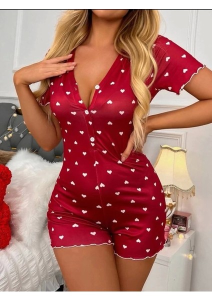 Kadın Göğüs Dekolteli Pinterest Kalp Desen Full Likralı Şort Tulum