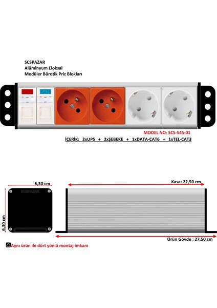 Bürotik Priz Kutusu Alüminyum Blok - 5X45 ( 10 Modül ) SCS-545-01 ( 5li Paket )