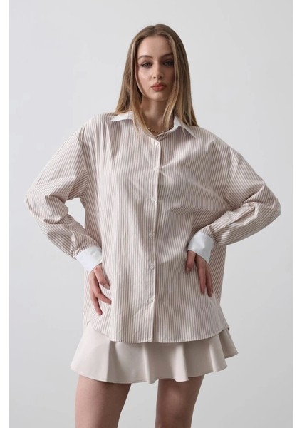 Çizgili Oversize Gömlek - Bej