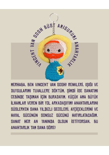 Vincent Van Gogh Büst Amigurumi Anahtarlık 10 cm - El Yapımı Sanatsal Örgü Çanta Aksesuarı fiyatları
