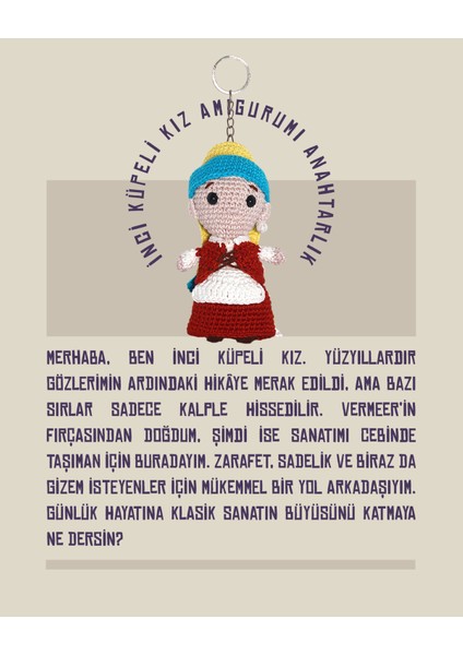 İnci Küpeli Kız Amigurumi Anahtarlık 13 cm - El Yapımı Sanatsal Örgü Çanta Aksesuarı
