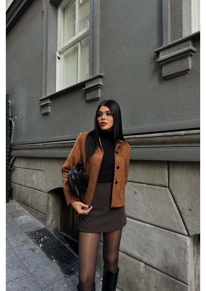 Süet Crop Ceket Cep Detaylı - Taba