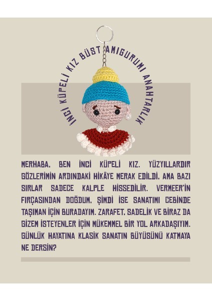 İnci Küpeli Kız - Büst Amigurumi Anahtarlık 10 cm - El Yapımı Sanatsal Örgü Çanta Aksesuarı