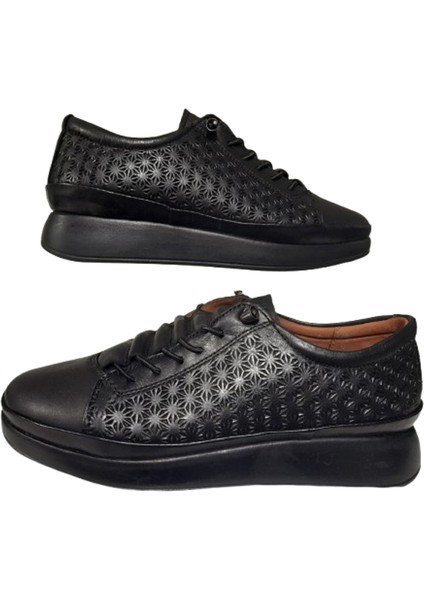 Kadın Siyah Deri Lastik-Bağcıklı Ortopedik Model Günlük Klasik Şık Ayakkabı