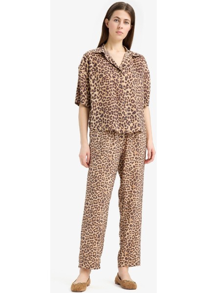 Carrot Fit Leopar Desenli Modal Kumaş Pantolon Çift Cepli Yüksek Bel Düz Paça E6360AX25SP