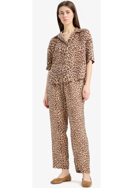 Carrot Fit Leopar Desenli Modal Kumaş Pantolon Çift Cepli Yüksek Bel Düz Paça E6360AX25SP
