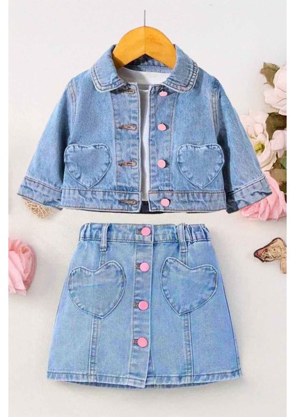 Kalp Cep Detaylı Kot Ceketli Kız Çocuk 2 li takım - Açık Mavi
