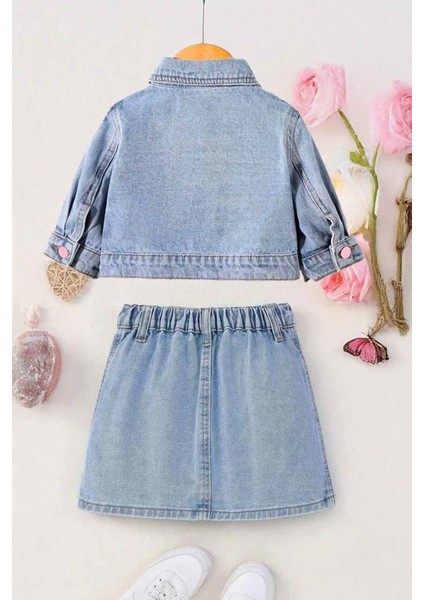 Kalp Cep Detaylı Kot Ceketli Kız Çocuk 2 li takım - Açık Mavi fiyatları
