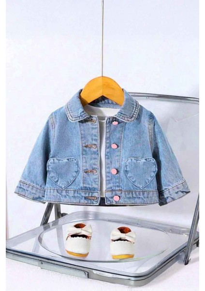 Kalp Cep Detaylı Kot Ceketli Kız Çocuk 2 li takım - Açık Mavi modelleri