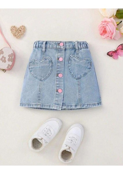 Kalp Cep Detaylı Kot Ceketli Kız Çocuk 2 li takım - Açık Mavi fırsatları