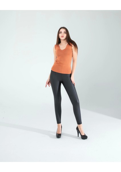 Kahve Merdiven Yaka Kalın Askı Crop Bluz