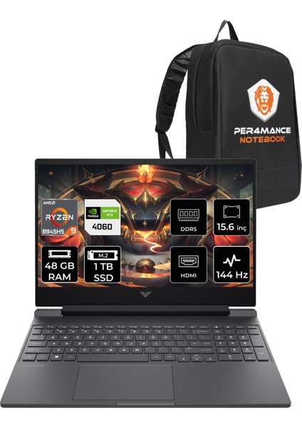 Victus 15 Amd Ryzen 9 8945HS 48GB 1tb SSD RTX4060/8GB 15.6" Fhd 144Hz Fdos Taşınabilir Bilgisayar & Per4 Çanta B82WCDEAPN328