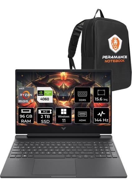 Victus 15 Amd Ryzen 9 8945HS 96GB 2tb SSD RTX4060/8GB 15.6" Fhd 144HzWindows 11 Pro Taşınabilir Bilgisayar & Per4 Çanta B82WCDEAPN419