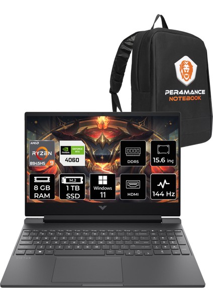 Victus 15 Amd Ryzen 9 8945HS 8gb 1tb SSD RTX4060/8GB 15.6" Fhd 144Hz Windows 11 Home Taşınabilir Bilgisayar & Per4 Çanta B82WCDEAPN343