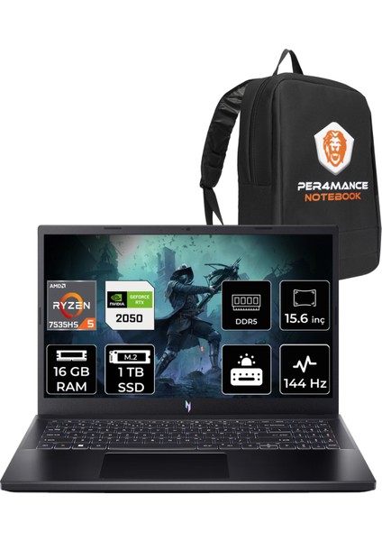 Nitro V 15 Amd Ryzen 5 7535HS 16GB 1tb SSD RTX2050/4GB 15.6" Fhd 144Hz Fdos Taşınabilir Bilgisayar & Per4 Çanta NHQSJEY001P308