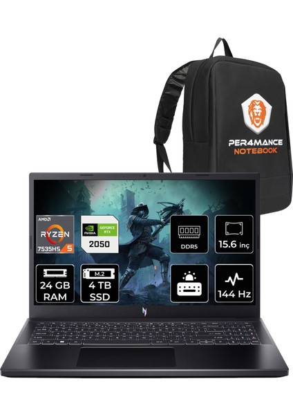 Nitro V 15 Amd Ryzen 5 7535HS 24GB 4tb SSD RTX2050/4GB 15.6" Fhd 144Hz Fdos Taşınabilir Bilgisayar & Per4 Çanta NHQSJEY001P315