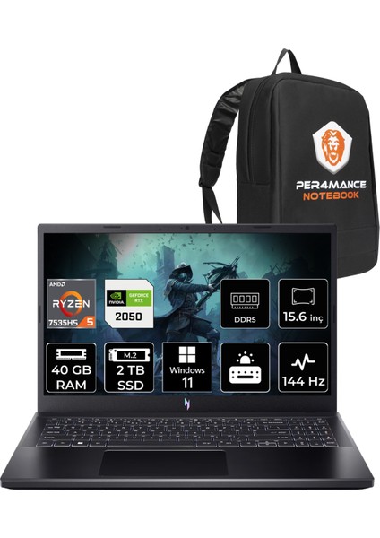 Nitro V 15 Amd Ryzen 5 7535HS 40GB 2tb SSD RTX2050/4GB 15.6" Fhd 144Hz W11P Taşınabilir Bilgisayar & Per4 Çanta NHQSJEY001P404