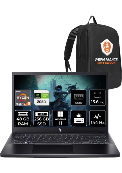 Nitro V 15 Amd Ryzen 5 7535HS 48GB 256GB SSD RTX2050/4GB 15.6" Fhd 144Hz W11P Taşınabilir Bilgisayar & Per4 Çanta NHQSJEY001P406