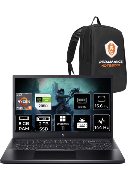 Nitro V 15 Amd Ryzen 5 7535HS 8gb 2tb SSD RTX2050/4GB 15.6" Fhd 144Hz W11P Taşınabilir Bilgisayar & Per4 Çanta NHQSJEY001P384