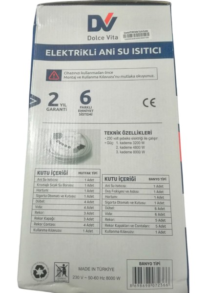Dolce Vita MT8000 Banyo ve Mutfak Uyumlu Şofben