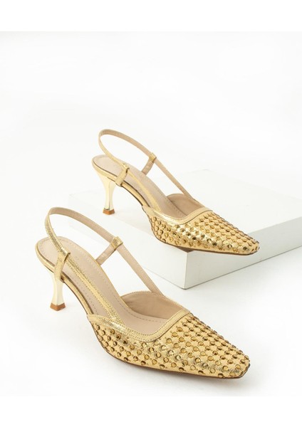 Kadın Arkası Açık Küt Burunlu Taşlı Orta Topuklu Kadın Ayakkabı 5 cm