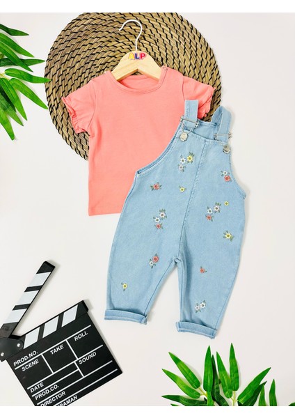 Nevada Renkli Çiçek Nakışları Örme Kot Salopet Takım - Nar Çiçeği