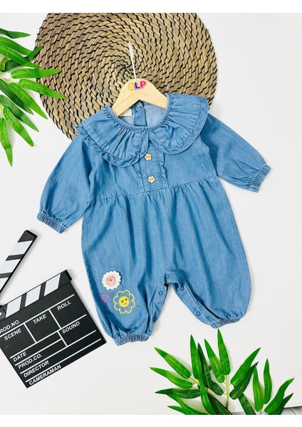 Montana Yaka Detaylı Çiçek Aprikeli Licralı Mevsimlik Kot Tulum - Mavi