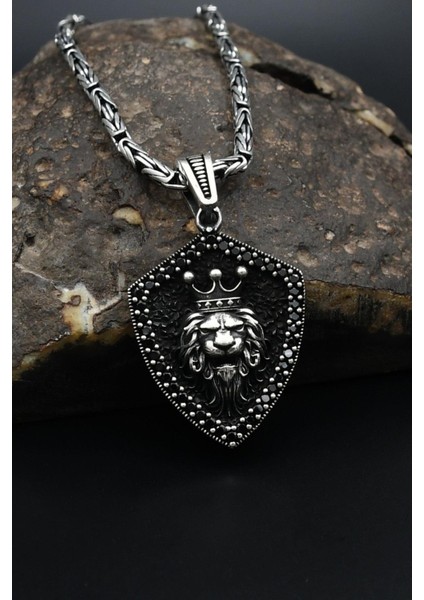Kral Taclı Aslan Figürlü 925 Ayar Gümüş Kolye Kral Zincir 2mm 901588