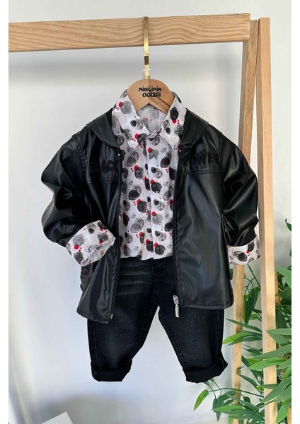 Suni Deri Ceketli Karışık Desen Gömlekli Erkek Çocuk 3 lü takım - Siyah