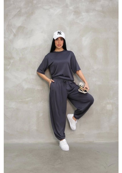 Osy Modal Yumuşak Dokulu Kumaş Oversize Bisiklet Yaka T-Shirt Jogger Eşofman Altı Eşofman Takımı - Antrasit