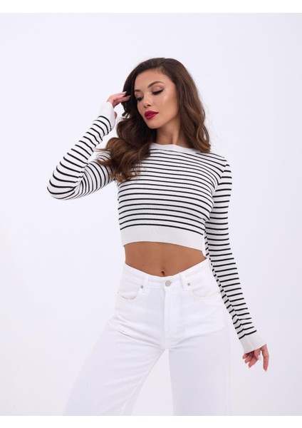 42211 Triko Çizgili Crop-Ekru-Siyah