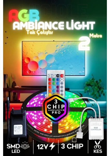 Tv Arkası Çocuk Yatak Odası Mutfak Salon Rgb Şerit LED Uzaktan Kumandalı Tak Çalıştır 2 Metre