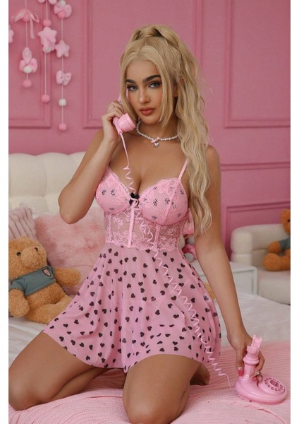 Romantik Pembe Kalp Desenli Pinterest Gecelik ve Tanga