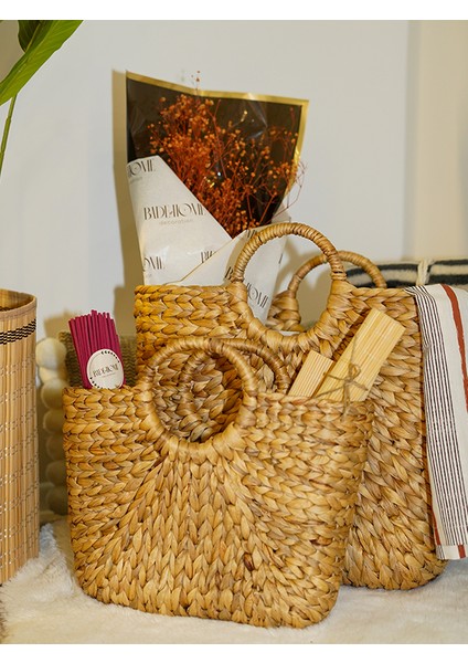 Badehome Decoration Doğal Hasır Sepet Çanta 2'li Büyük&küçük Boy