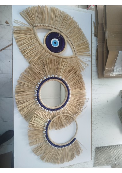 Bohem Handmade 3 Lü Dekoratif Boncuklu Rafya Ayna Göz Nazar Yelpaze Rafya Ayna ve Boncuklu Duvar Süsü Y fiyatları