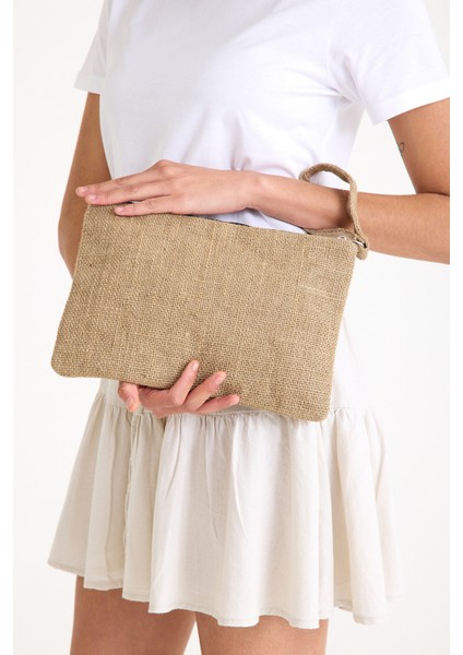 Premium Kadın Hasır Jüt Astarlı Fermuarlı Clutch El Çantası Portföy