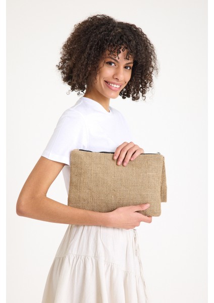 Premium Kadın Hasır Jüt Astarlı Fermuarlı Clutch El Çantası Portföy