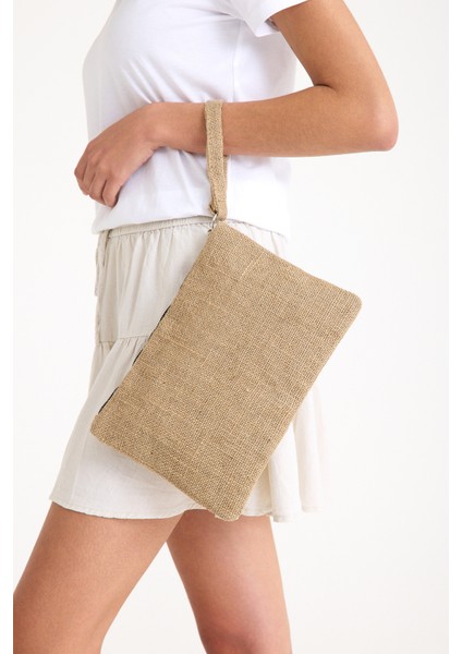 Premium Kadın Hasır Jüt Astarlı Fermuarlı Clutch El Çantası Portföy