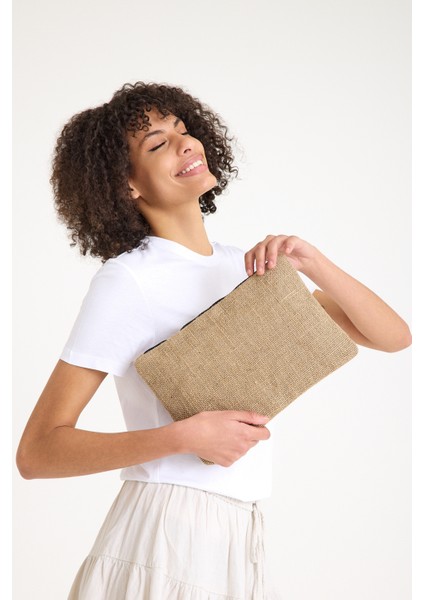 Premium Kadın Hasır Jüt Astarlı Fermuarlı Clutch El Çantası Portföy