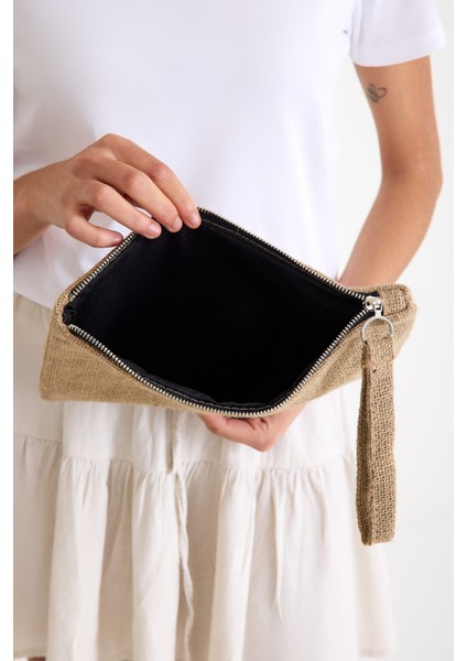 Premium Kadın Hasır Jüt Astarlı Fermuarlı Clutch El Çantası Portföy