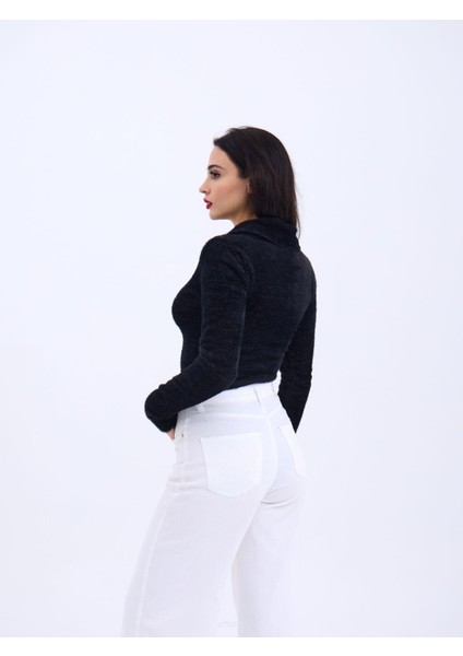 42531 Triko Simli Yakalı Crop-Siyah